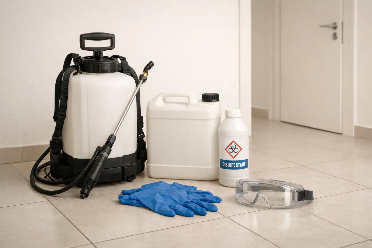 Professionelle Desinfektionsausrüstung nach Todesfall — Drucksprüher, Desinfektionsmittel, Schutzhandschuhe und Schutzbrille