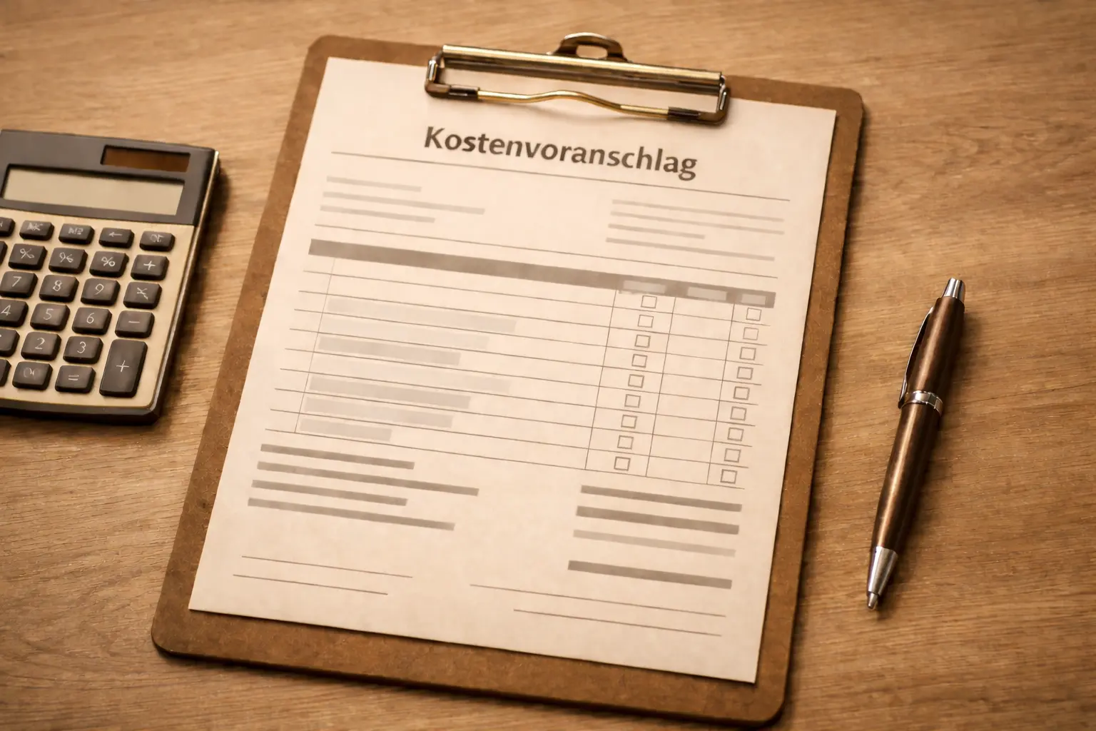Kostenvoranschlag für Leichenfundortreinigung — Klemmbrett mit Kalkulation, Taschenrechner und Stift