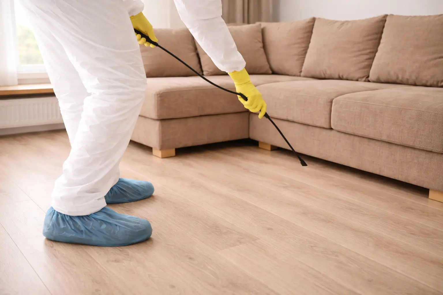 Leichenfundortreinigung - Fachkraft im Schutzanzug bei professioneller Reinigung